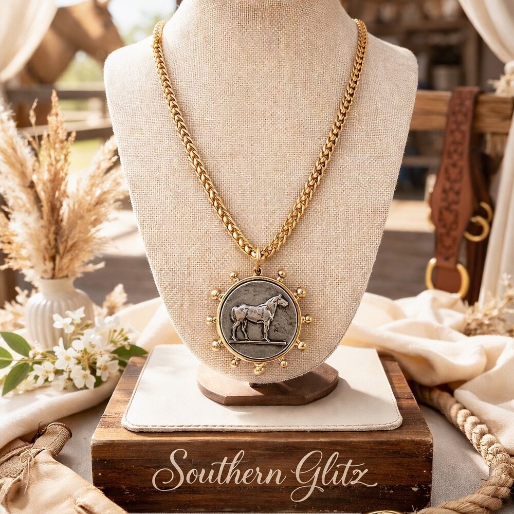 Equestrian Horse Pendant Necklace – Western Gold Statement Necklace – Horse Love